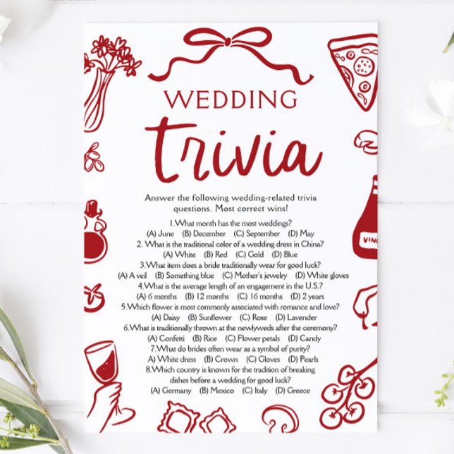 Invitation Jeu de quiz de mariage pour la fête prénuptiale :  (Hand Drawn Pizza Wedding Trivia Bridal Shower Game)
