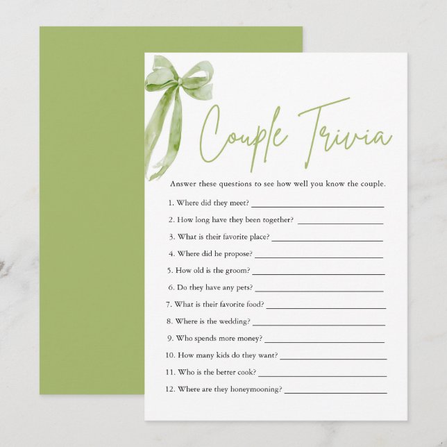Invitation Jeu de quiz pour enterrement de vie de jeune fille (Devant / Derrière)