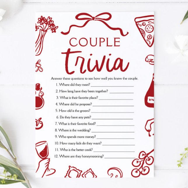 Invitation Jeu de quiz pour la fête de fiançailles du couple  (Italian Pizza Couple Trivia Bridal Shower Game)