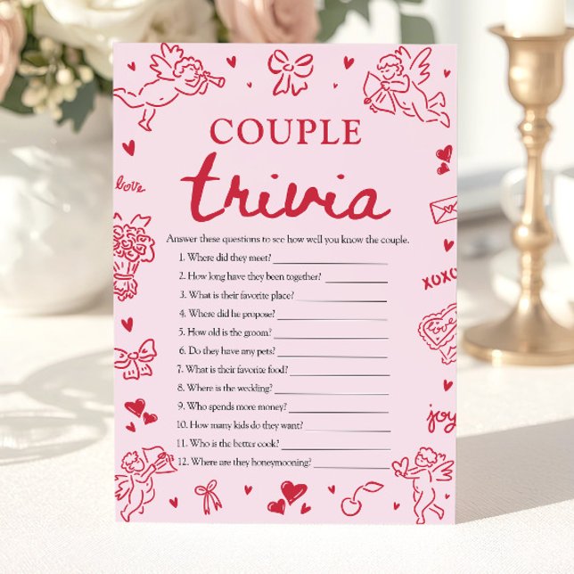 Invitation Jeu de quiz pour la Saint-Valentin pour un couple  (Pink Valentine Couple Trivia Bridal Shower Game)