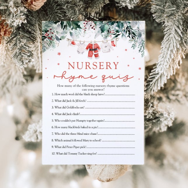 Invitation Jeu de quiz sur les comptines de Noël pour bébé Sh (Watercolor Christmas Santa Nursery Rhyme Quiz Baby Shower Game)