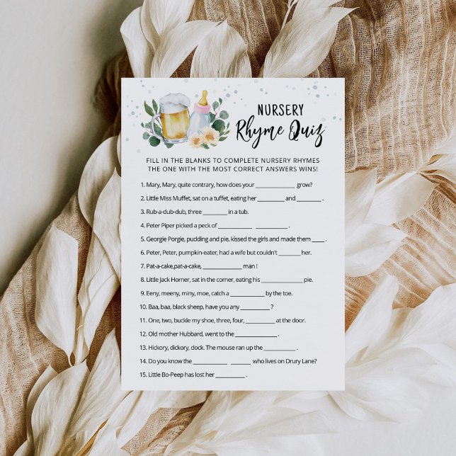 Invitation Jeu de Quiz sur les Comptines de Nursery Baby Is B (Baby Shower Nursery Rhyme Quiz Baby Girl Beer and Floral Sage Green Theme)