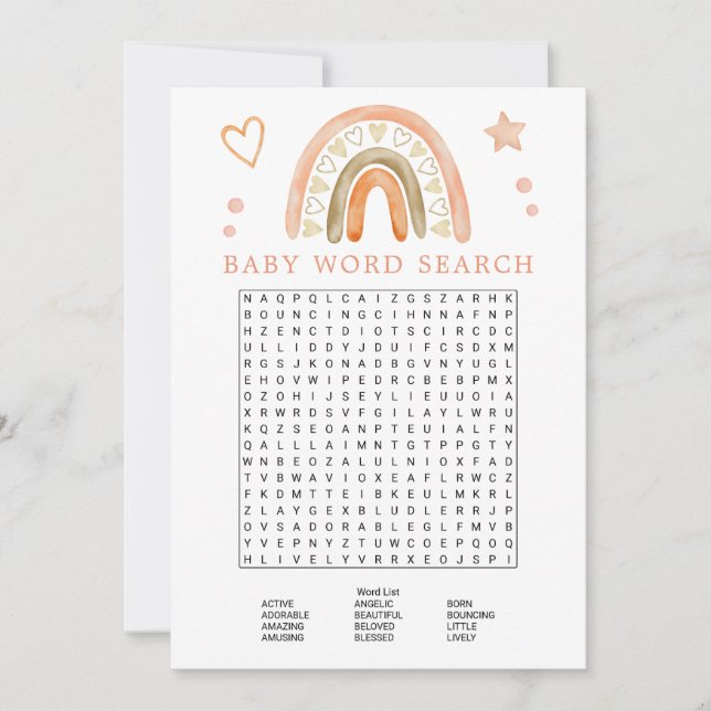 Invitation Jeu de recherche de mots pour Baby Shower Boho Rai (Devant)