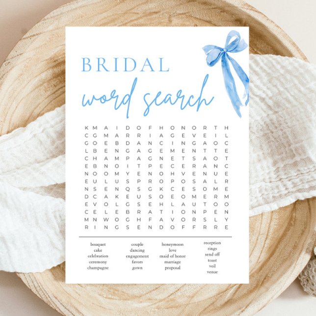 Invitation Jeu de recherche de mots pour la douche de mariée  (Watercolor Dusty Blue Bow Bridal Shower Word Search Game )