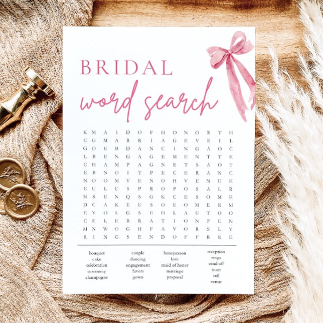 Invitation Jeu de recherche de mots pour la fête de mariage a (Blush Pink Bow Bridal Shower Word Search Game)