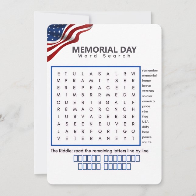 Invitation Jeu de recherche de mots pour le Memorial Day (Devant)