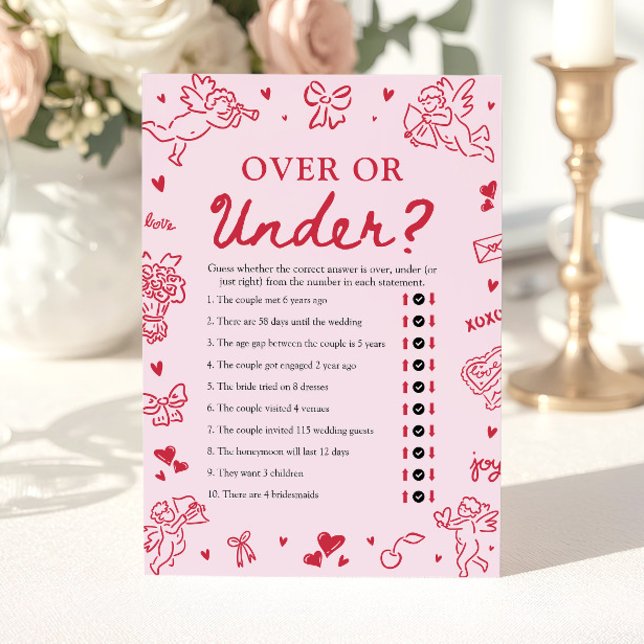 Invitation Jeu de salle de bain Mariage Saint-Valentin Dessin (Hand Drawn Valentine Over Or Under Bridal Shower Game)