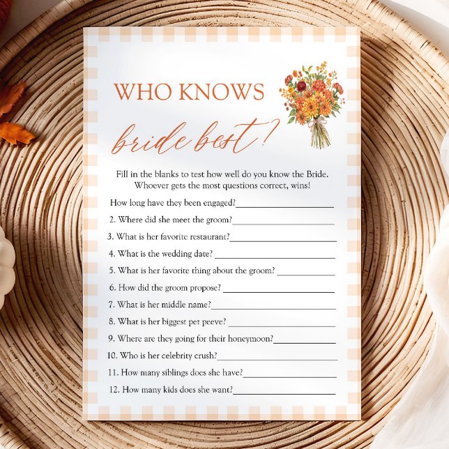 Invitation Jeu de Salle de Mariage d'Automne: Qui Connaît le  (Fall Who Knows The Bride Best Bridal Shower Game)