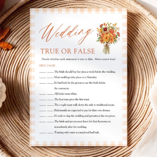 Invitation Jeu de Salle de Mariage d'Automne Vrai ou Faux (Fall Wedding True or False Bridal Shower Game)