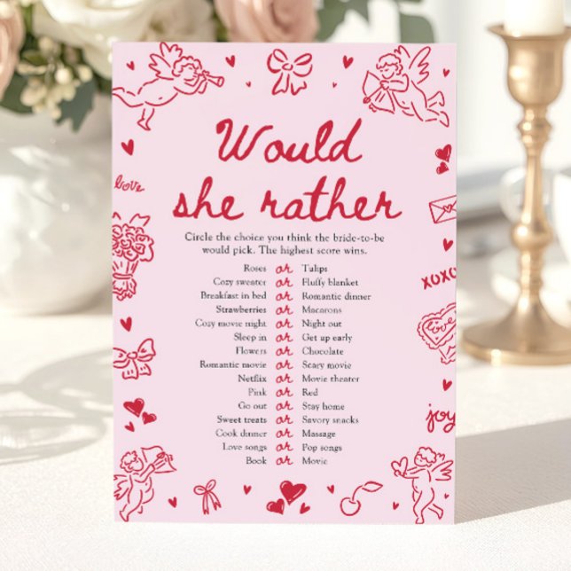 Invitation Jeu de Salle de Mariage Dessiné à la Main 'Would S (Hand Drawn Would She Rather Bridal Shower Game)