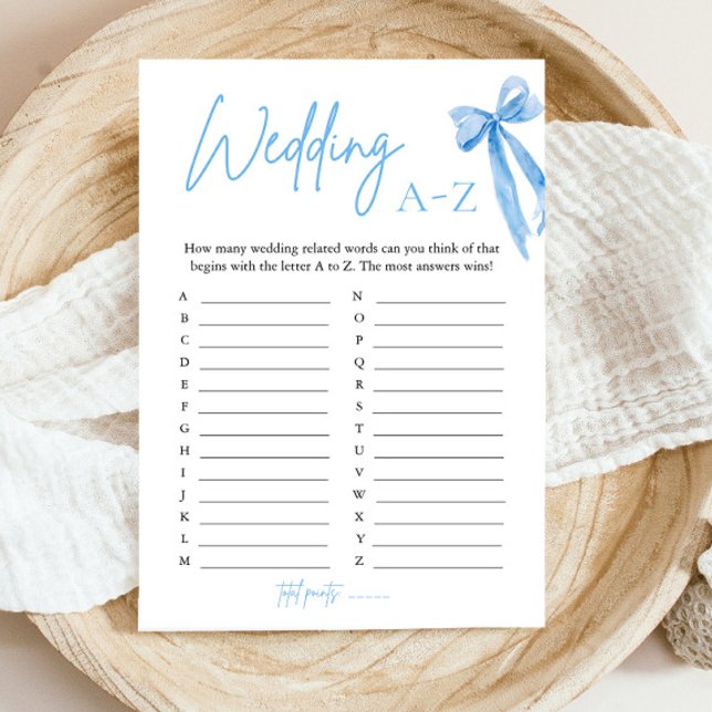 Invitation Jeu de Salle de Mariage Élégant Ruban Bleu Mariage (Elegant Blue Bow Wedding A-Z Bridal Shower Game)