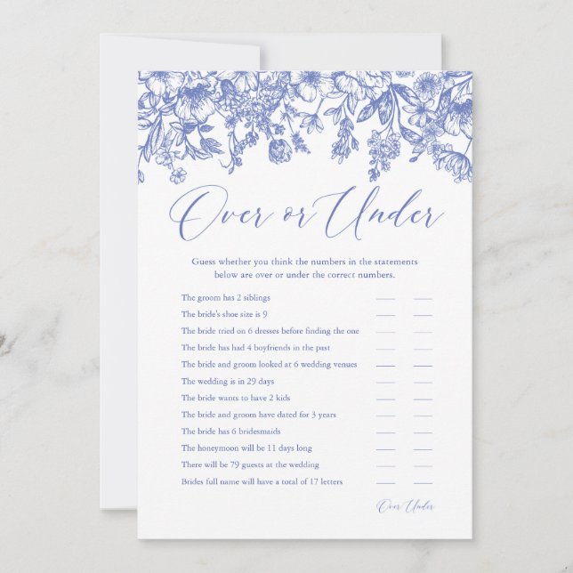 Invitation Jeu de Salle de Mariage Fleurie Bleue Plus ou Moin (Devant)