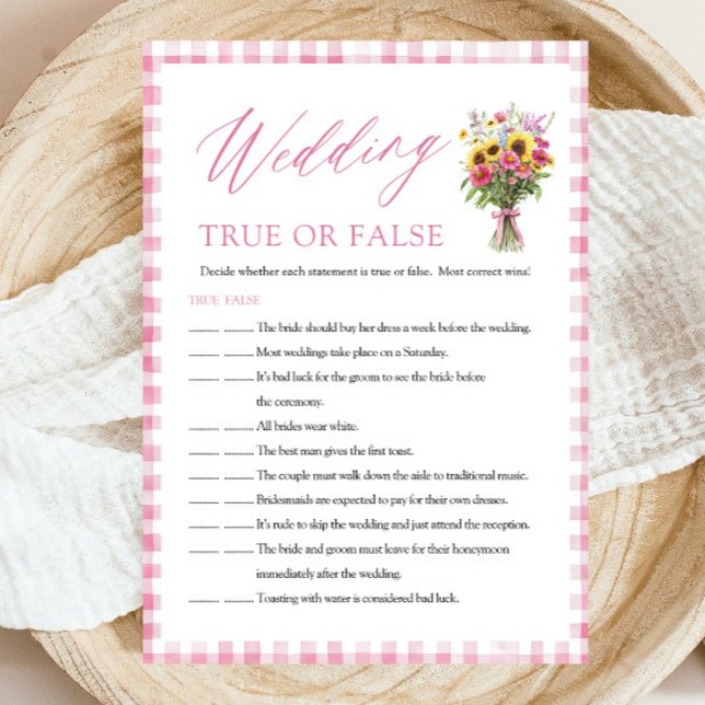 Invitation Jeu de Salle de Mariage Rose Vrai ou Faux (Pink Wedding True or False Bridal Shower Game)