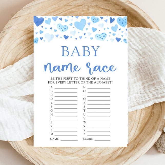 Invitation Jeu de société pour la révélation du nom de bébé B (Watercolor Cute Blue Hearts Valentine Sweetheart February Boy Baby Name Race Baby Baby Shower Game)