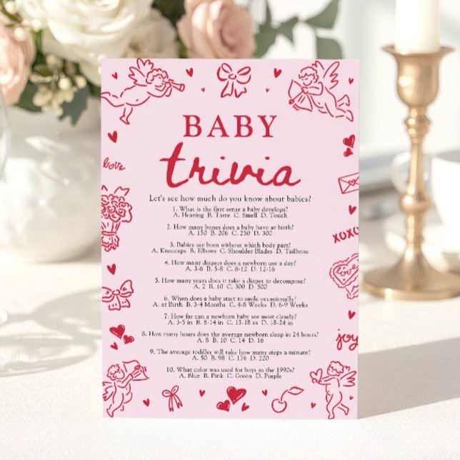Invitation Jeu de Trivia de Bébé pour Baby Shower de la Saint (Hand Drawn Valentine Baby Shower Baby Trivia Game)