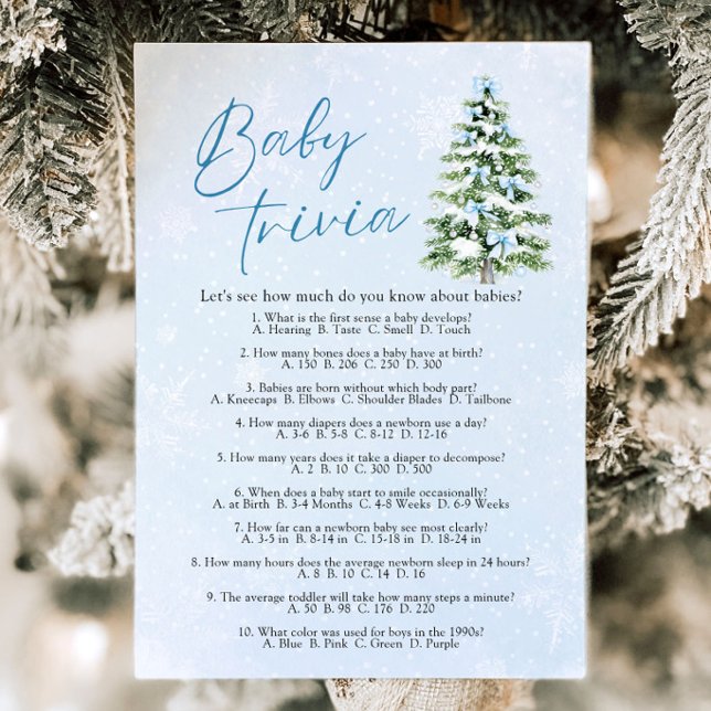 Invitation Jeu de trivia pour bébé à la douche de bébé Noël a (Blue Bows Christmas Baby Shower Baby Trivia Game )