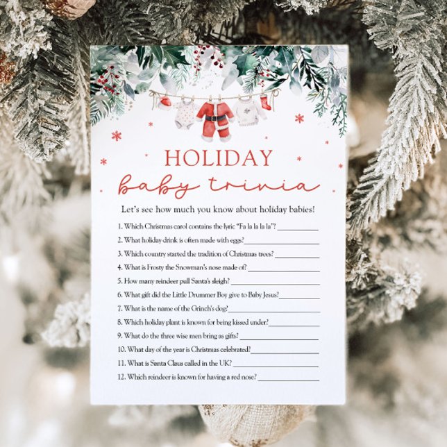 Invitation Jeu de trivia pour bébé sur le thème de Noël avec  (Watercolor Red Santa Baby Shower Holiday Baby Trivia Game)