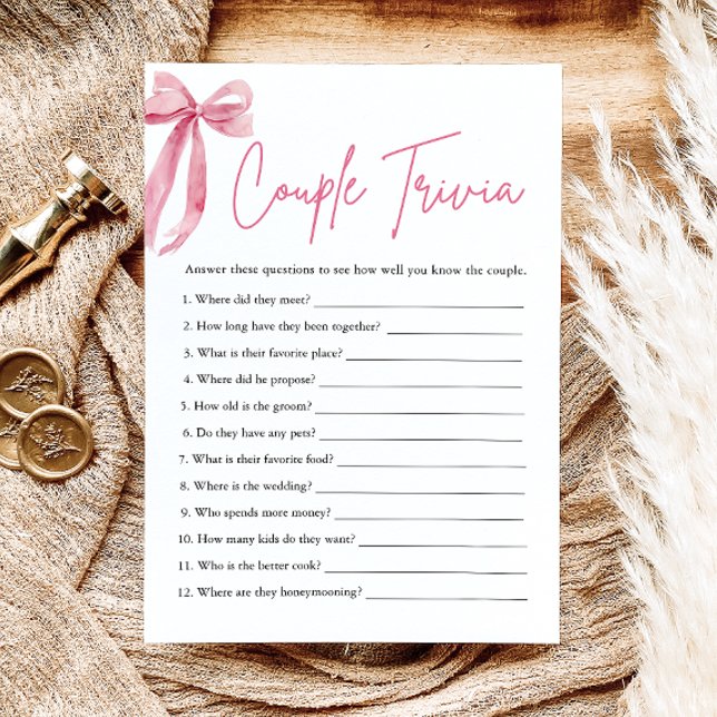 Invitation Jeu de trivie pour la fête de mariage avec ruban r (Blush Pink Bow Couple Trivia Bridal Shower Game)