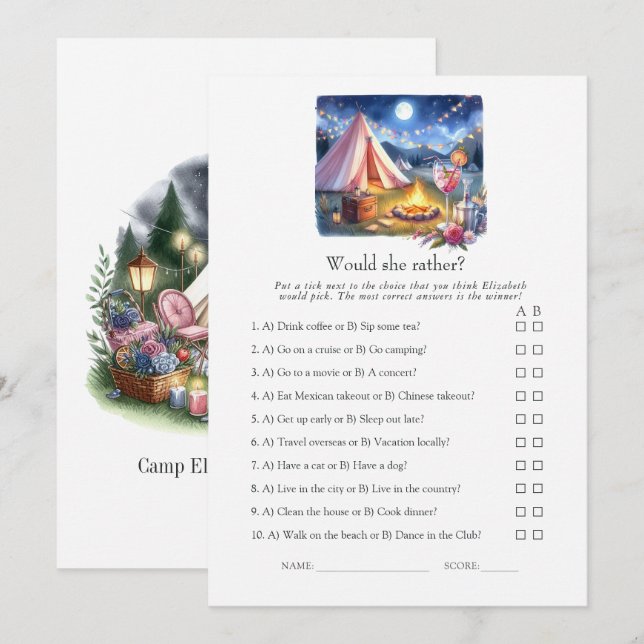 Invitation Jeu de week-end de bachelorette en camping "Would  (Devant / Derrière)