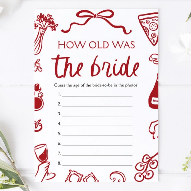 Invitation Jeu Dessiné à la Main Italien Rouge Quel Âge Avait (Red Italian Hand Drawn How Old Was The Bride Game )