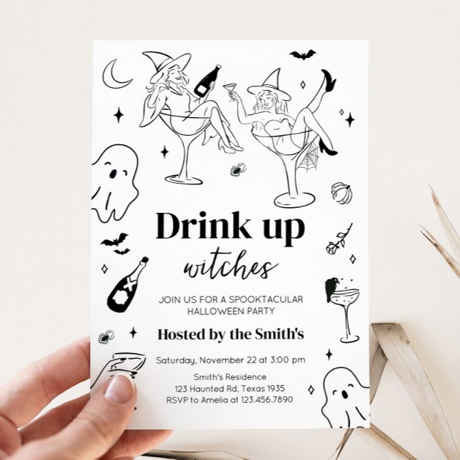 Invitation Jeu d'Halloween à la main (Hand Drawn Drink Up Witches Halloween Party Invitation)