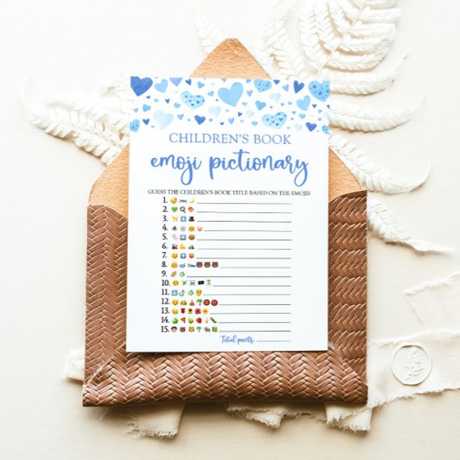 Invitation Jeu Emoji Pictionary du livre pour enfants Valenti (Watercolor Blue Hearts Valentine Sweetheart Boy Children's Book Emoji Pictionary Baby Shower Game)
