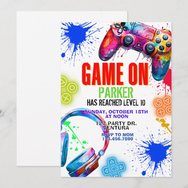 Invitation Jeu en cours, Fête de jeu vidéo, Anniversaire garç (Devant / Derrière)