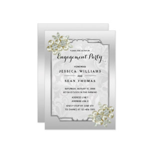 Invitation Jeu floral élégant, Fiançailles argenté encadré d'