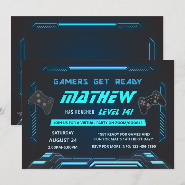 Invitation Jeu Gamer Blue Virtual Anniversaire Party (Devant / Derrière)