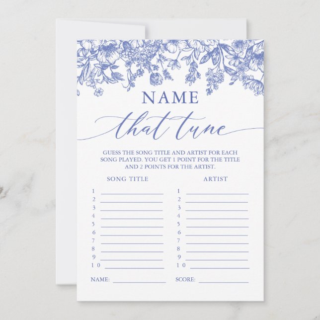 Invitation Jeu Mariage Blue Floral Devinez Cette Chanson (Devant)
