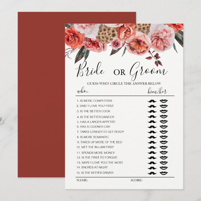 Invitation Jeu mariée ou marié fleurs en terre cuite boho (Devant / Derrière)