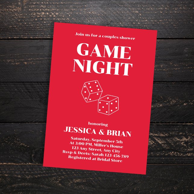 Invitation Jeu Nuit Rouge Rétro Police Dînes Couples Douche (Game Night Red Retro Font Dices Couples Shower Invitation)