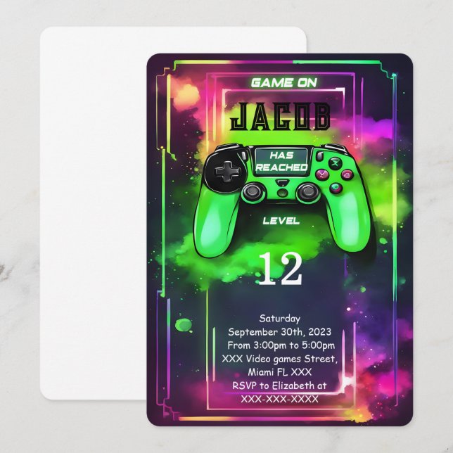 Invitation Jeu On, Jeu Vidéo Garçon Anniversaire (Devant / Derrière)