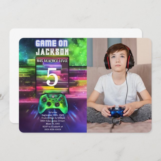 Invitation Jeu On, Jeu Vidéo Garçon Photo Anniversaire (Devant / Derrière)