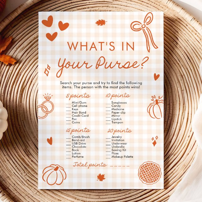 Invitation Jeu Orange automnal dessiné à la main Qu'est-ce qu (Orange Fall Hand Drawn What's In Your Purse Game)