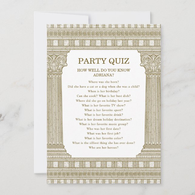 Invitation Jeu-Quiz Toga Anniversaire avec colonnes de temple (Devant)