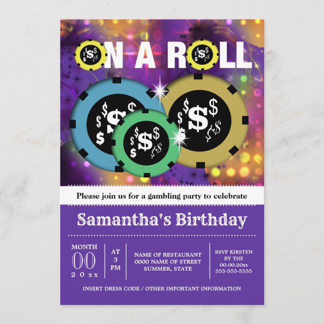 Invitation Jeu roulette jetons vegas partie violet (Devant)