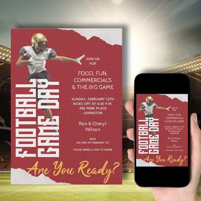 Invitation Jeu sur le joueur de football sur rouge (American Football Player on Red Bowl Game Invitations - order INSTANT DOWNLOAD, PRINTED or both!)