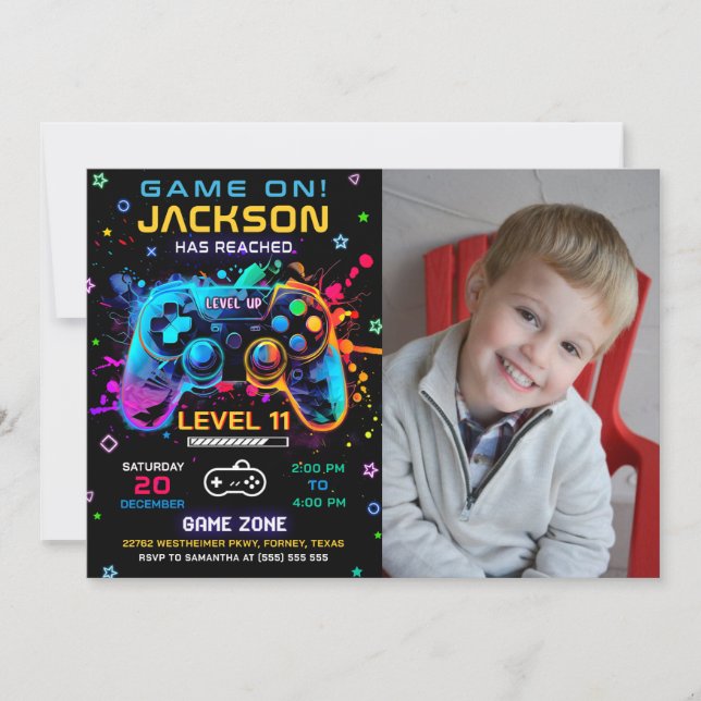 Invitation Jeu Sur Niveau Up Vidéo Jeu Anniversaire Photo (Devant)