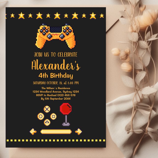 Invitation Jeu Vidéo Anniversaire Fête Neon Jeu sur niveau ve (Créateur téléchargé)