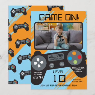 Invitation Jeu Vidéo Bleu Orange Cool Boy Photo Anniversaire
