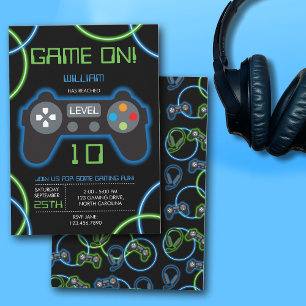 Invitation Jeu vidéo Neon Blue & Green Anniversaire Party