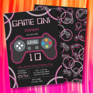 Invitation Jeu vidéo Neon rose Fille fête d'anniversaire