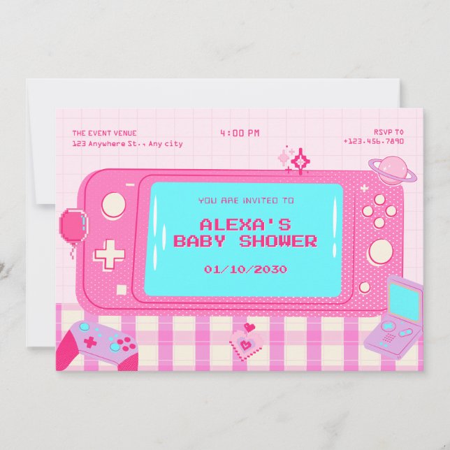 Invitation Jeu vidéo rose baby shower rétro (Devant)