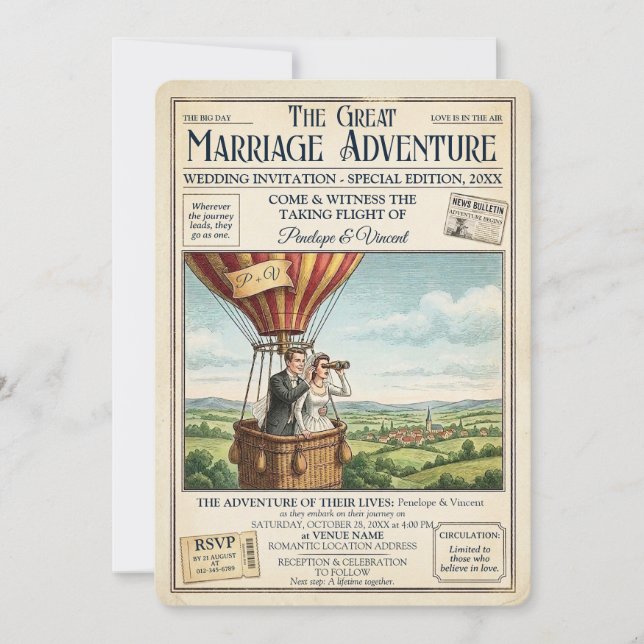 Invitation Jeune couple de mariés dans une montgolfière (Devant)