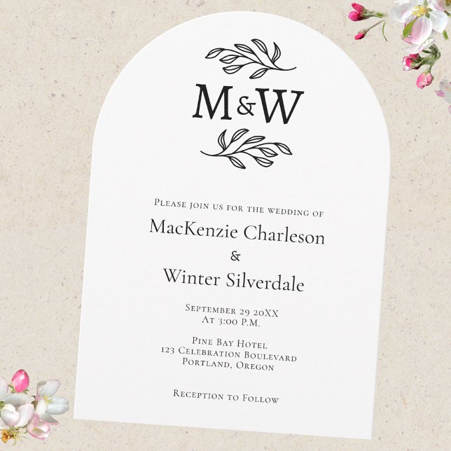 Invitation Jeune couple de mariés monogramme simple minimalis (Modern arch wedding invitation with couple monogram initials and botanical leaf sprig line art)