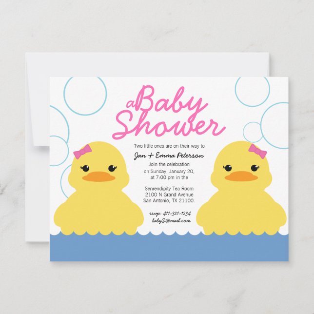 Invitation Jeune fille en caoutchouc canard TWIN BABY SHOWER  (Devant)