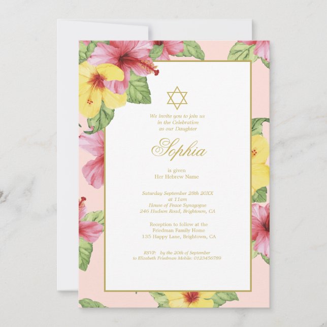 Invitation Jeune Fille Juive Nommer Hibiscus Floral Rose (Devant)