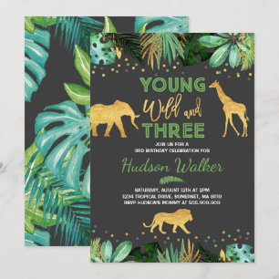 Invitation Jeune jungle sauvage et de trois anniversaires