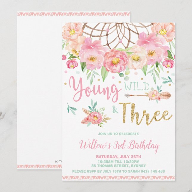 Invitation Jeune sauvage de Boho et 3ème fille de fête (Devant / Derrière)
